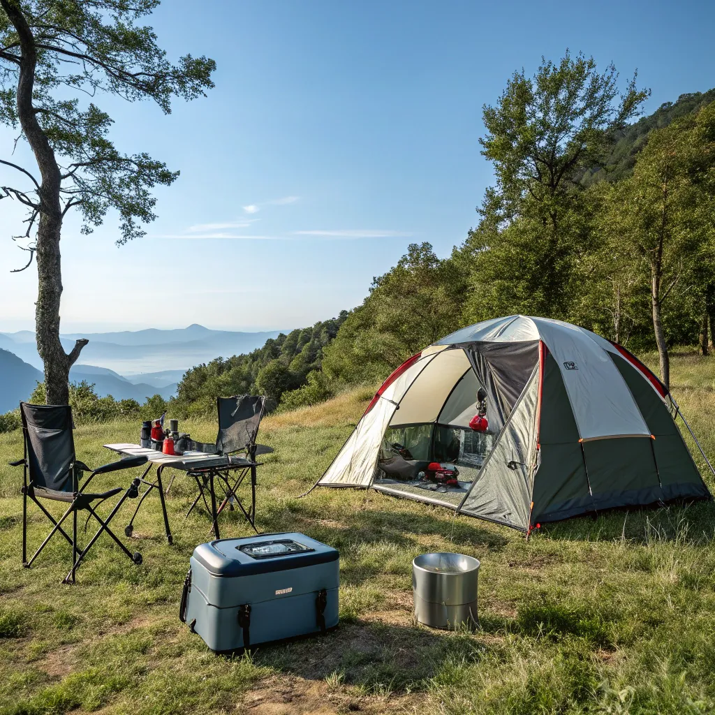 Scenic view of camping gear setup in nature