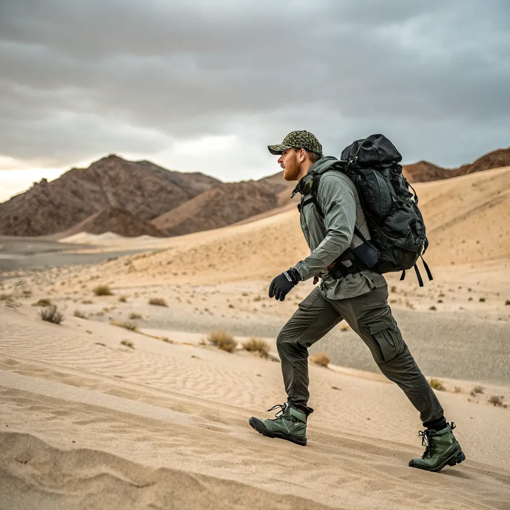 Michael trekking through Mojave Desert using KYRENTHAVOS gear
